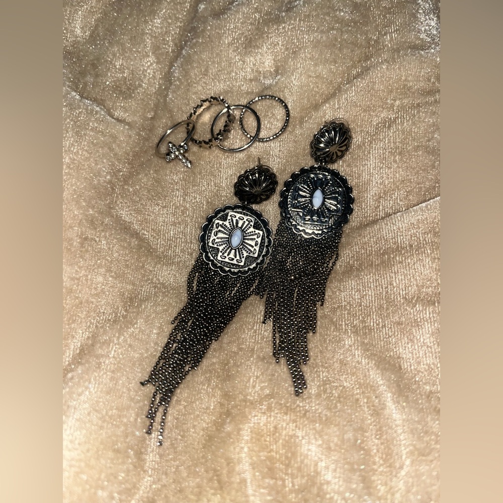 Turquoise concho fringe earrings and cross ring stack